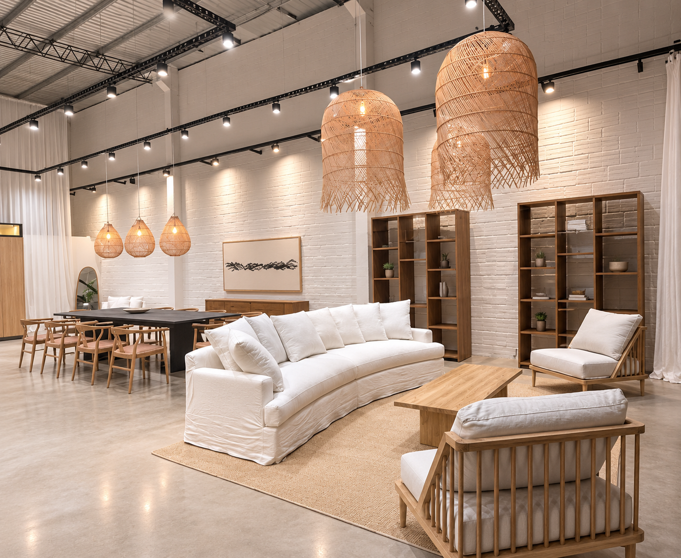 Sala de estar con decoración exhibida en el showroom